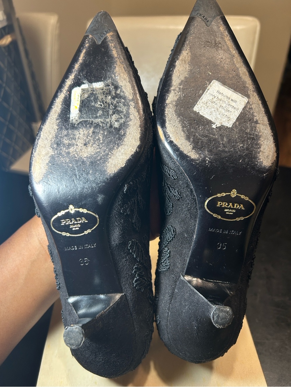 Prada Black Suede Embroidered Pointed-Toe Pumps w Kitten Heel~SALE 2DAY ONLY! - Picture 6 of 6